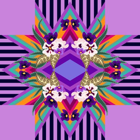 Colorful botanical pattern with small purple flowers and leaves.のイラスト素材