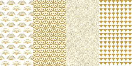 Traditional oriental art motifs with circles, waves. Golden on white background.のイラスト素材