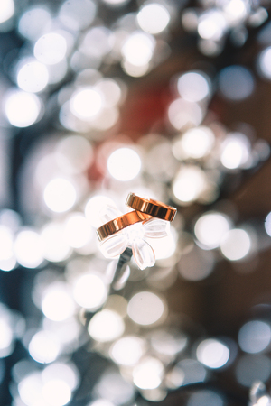Two gold wedding rings. White bokeh in the background.の写真素材