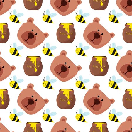 Seamless pattern with cute bears, bees and pots of honey.のイラスト素材
