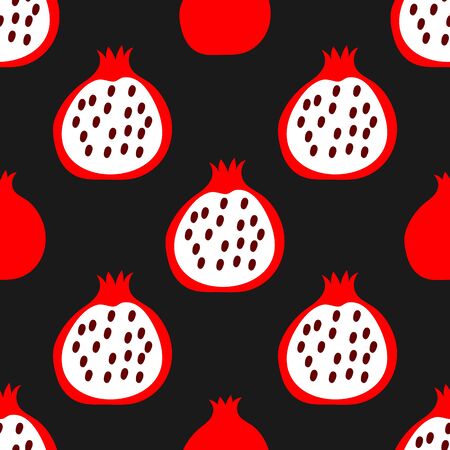 Seamless pattern with stylized red pomegranate halves on a black background. Vector flat illustration.のイラスト素材