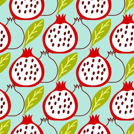 Seamless pattern with stylized fruit pomegranates and leaves on a blue background.のイラスト素材