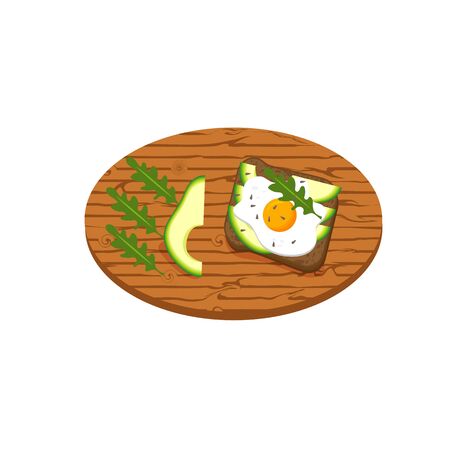 Toast with avocado, lettuce, fried egg, sesame seeds. Fresh toasted bread with slices of ripe avocado on a wooden kitchen board, isolated on white background. Vector flat illustration.のイラスト素材