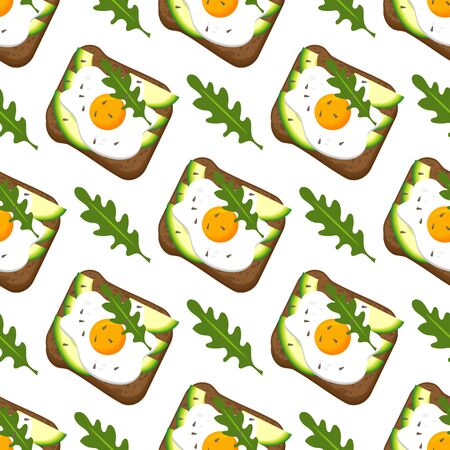 Seamless pattern toast with avocado, lettuce, fried egg, sesame seeds, isolated on white background.のイラスト素材