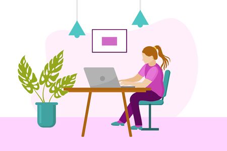 Home office concept, woman working at laptop from home, student or freelancer.のイラスト素材
