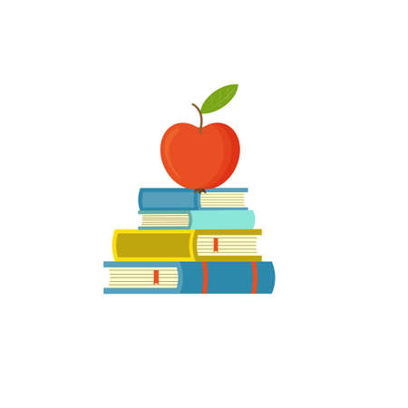 Red apple on pile of books, education concept, isolated on white background. Vector flat illustration.のイラスト素材