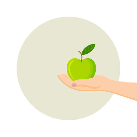 Green apple in hand, isolated on white background. Concept fruit. Vector flat illustration.のイラスト素材