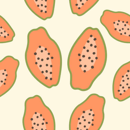 Seamless pattern with papaya fruit on yellow background. Vector cartoon illustration.