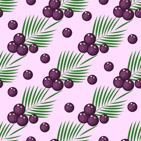 Seamless pattern with superfood acai berries, branches and leaves. Organic healthy food. Vector flat illustration.のイラスト素材