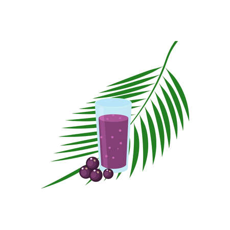 Superfood acai berry, glass of juice and leaves, Isolated on white background. Organic healthy food. Vector flat illustration.のイラスト素材