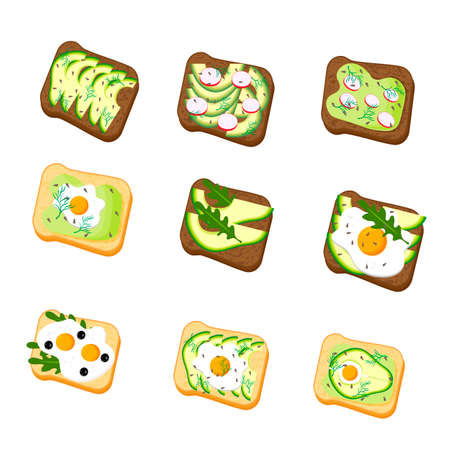 Set avocado toast. Sandwich with bread, avocado, egg, radish, dill and sesame seeds, isolated on white background. Organic healthy food. Vector cartoon illustration.のイラスト素材