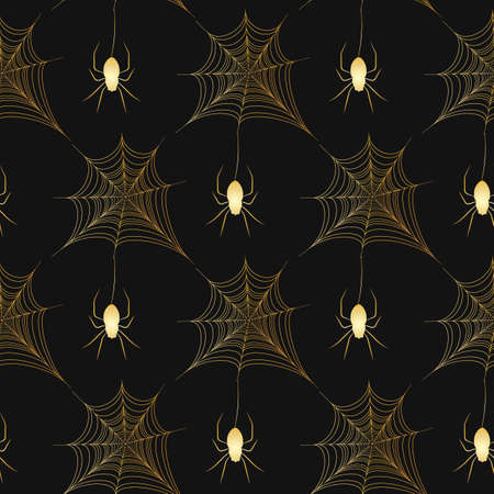 Gold spiderweb pattern on black background. Halloween design elements. Spooky Scary horror decor vector.のイラスト素材