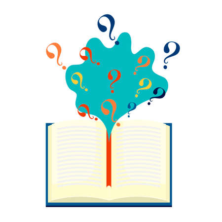 Open black book with multicolored question marks flying out, isolated on white background. Knowledge, education, studying concept. Vector flat illustration.のイラスト素材