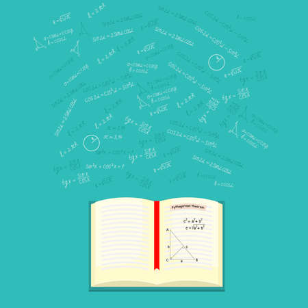 Mathematics, geometry background with an open book on mathematics and formulas, shapes, sine, cosine. Knowledge, education, studying concept. Vector flat illustration.のイラスト素材