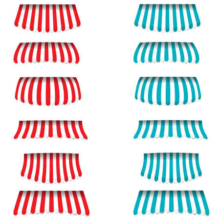 Striped red, blue, white awnings set various shape for shops, cafes and street restaurants, isolated on white background. Vector cartoon illustration.のイラスト素材