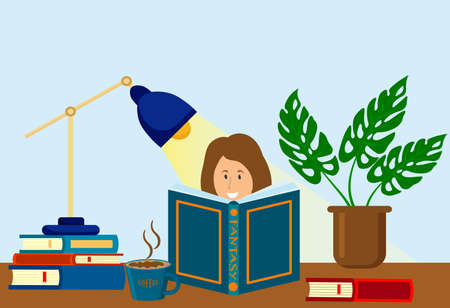 Woman is reading book, next to stack of books, house plant, cofee and table lamp. Knowledge, education, studying concept. Vector flat illustration.のイラスト素材