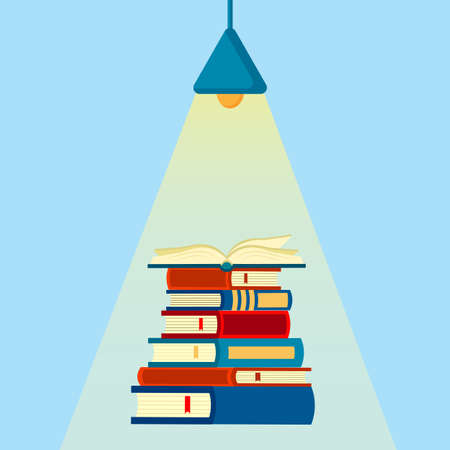 Stack of book, open book under the light from the lamp, isolated on white background. Knowledge, education, studying concept. Vector flat illustration.のイラスト素材