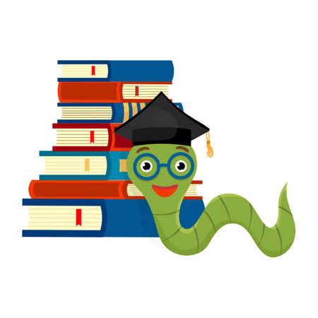 Cute bookworm in glasses wearing a graduate cap near a stack of colorful books, isolated on white...