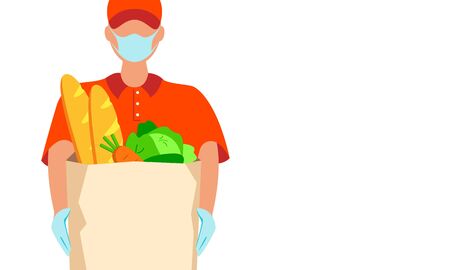 Male courier in a medical mask and gloves with food in his hands on a white background. Delivery concept during the coronavirus pandemic. Vector stock illustration.のイラスト素材