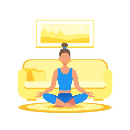 The girl meditates at home in the lotus position, does yoga. Vector stock illustration in a flat style.のイラスト素材