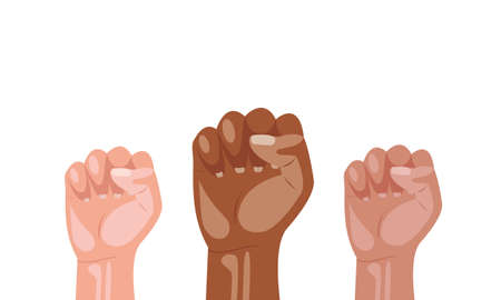 Hands of different races clenched into a fist on a white background. The concept of anti-racism, black lives matter. Stock vector illustration.のイラスト素材