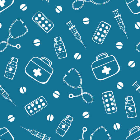 Medicine elements on a blue background seamless pattern. Hand drawing. Vector stock illustration.のイラスト素材