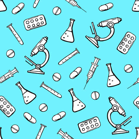 Medicine elements on a blue background seamless pattern. Hand drawing outline. Vector stock illustration.のイラスト素材