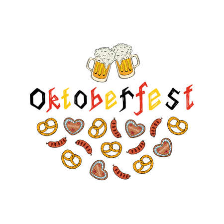 Oktoberfest hand drawing illustration. Attributes of the Oktoberfest festival. Vector illustration.のイラスト素材