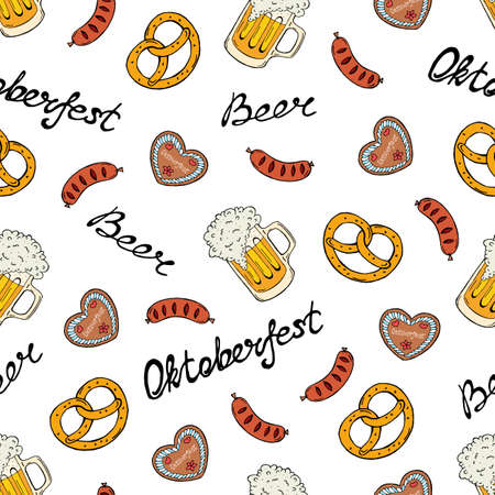 Oktoberfest seamless pattern hand drawing. Attributes of the Oktoberfest festival. Vector illustration.のイラスト素材