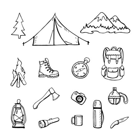 Set of attributes for camping in nature isolated on a white background. Hand drawing outline. Vector stock illustration.のイラスト素材
