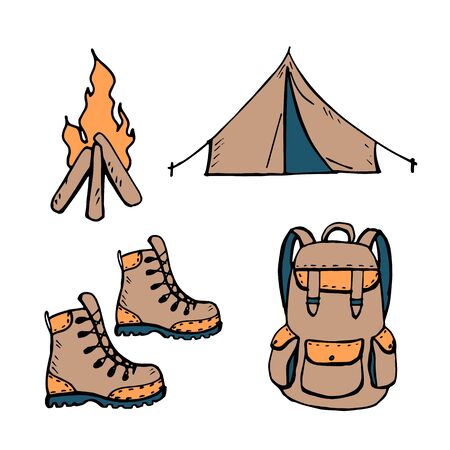 Set of attributes for camping in nature isolated on a white background. Hand drawing. Vector stock illustration.のイラスト素材