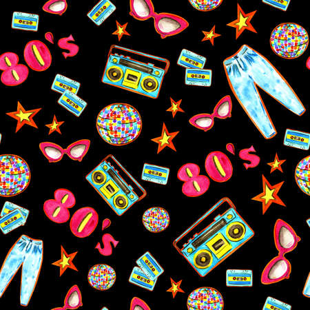 Fashion 80'e colorful seamless pattern.  illustration hand drawing.の写真素材