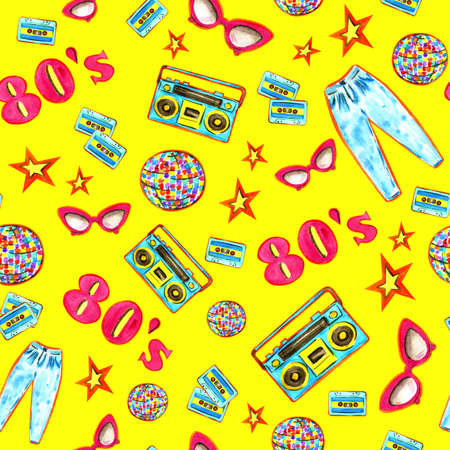 Fashion 80'e colorful seamless pattern. Watercolor illustration hand drawing.Design for fabric, textile, greeting cards.の写真素材