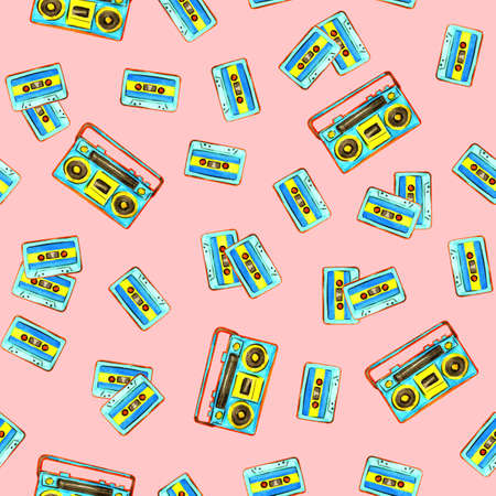 Audio cassettes and retro boombox seamless pattern.  illustration hand drawing.の写真素材
