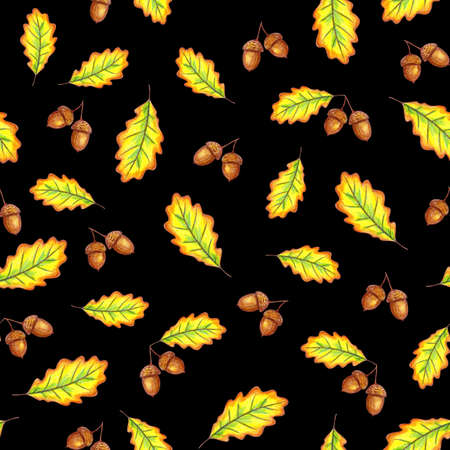 Autumn seamless pattern. Oak leaves and acorns on a black background. Hand drawing illustration.の写真素材