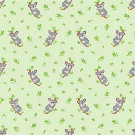 Australian animal koala bear on a branch seamless pattern on a green background.のイラスト素材
