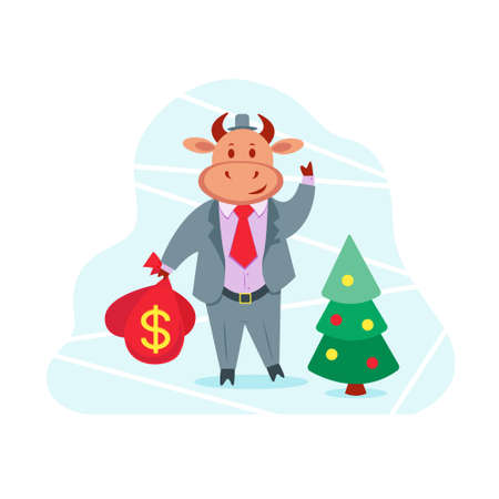 Bull is a businessman in a suit with a bag of money and a Christmas tree. The bull is the symbol of 2021. Stock vector illustration in flat style.のイラスト素材