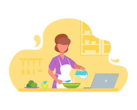 A woman in the kitchen prepares food and looks at a laptop. Concept for online cooking training. Stock vector illustration in flat style.のイラスト素材
