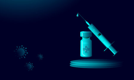 Medicines pills vaccine ampoule and syringe on dark background, neon gradient. Banner design with copy space. Vector stock illustration.のイラスト素材