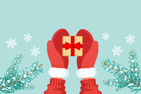 Gift and hands in red mittens top view, snowflakes and fir branches. The concept of winter New Year and Christmas comfort. Banner design. Vector stock illustration with copy space.のイラスト素材