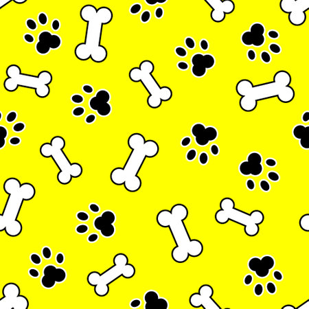Bones and black footprints of a pet dog on a yellow background seamless pattern. Design for pet supplies, packaging, paper and textiles. Stock vector illustration.のイラスト素材