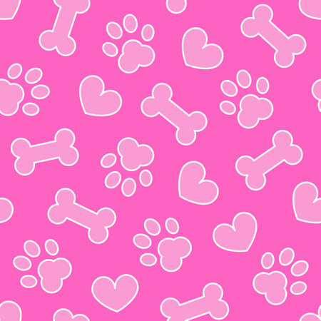 Pet dog footprint bone and heart on pink background seamless pattern. Design for pet supplies, clothing, packaging. Stock vector illustration.のイラスト素材