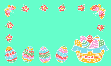 Easter eggs hand drawing on green background frame banner with place for text. Stock vector illustration.のイラスト素材