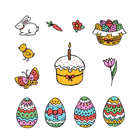Easter set hand drawing sketch in color isolated on white background. Easter cake, bunny, doodle style eggs. Stock vector illustration.のイラスト素材