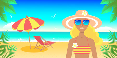 Girl in a swimsuit hat and sun glasses sun lounger and umbrella on the beach by the sea. Banner design. Summer vacation concept at sea. Stock vector illustration.のイラスト素材