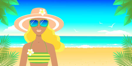 Women in hat and sunglasses on the beach by the sea. Summer vacation concept, travel. Vector stock illustration.のイラスト素材