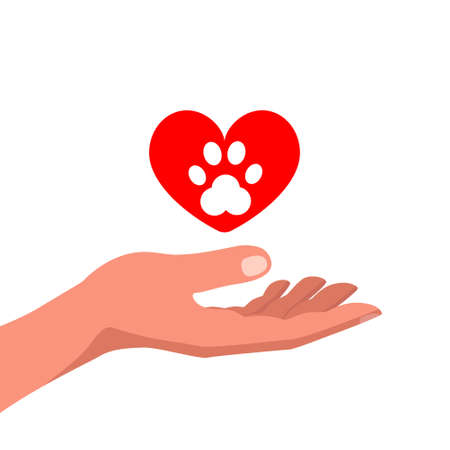 Human hand and red heart with a trace of an animal dog. Animal care and protection concept. Design for pet supplies, advertising. Stock vector illustration.のイラスト素材