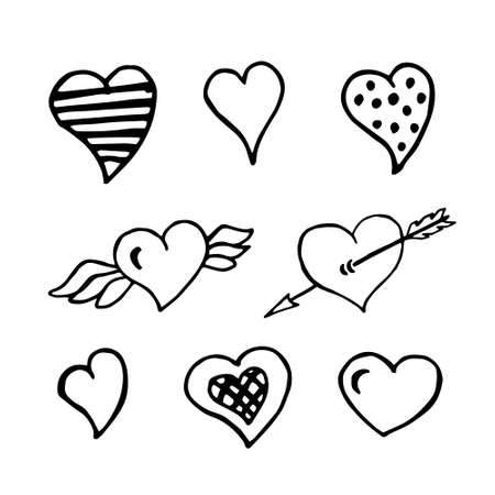 Set of hearts drawing hand sketch in doodle style isolated on white background. Vector stock illustration.のイラスト素材