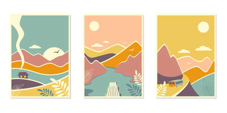 Set of abstract backgrounds nature and mountain landscape in earthy colors. Travel concept.Design for flyer, poster, advertising leaflet, greeting card and banner. Vector stock illustration.のイラスト素材