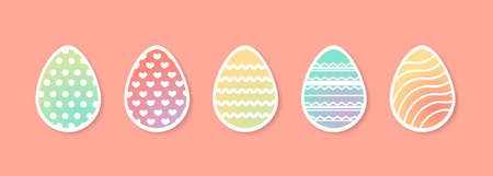 Set of Easter eggs with shadow in pastel watercolor color in paper style. Elements for Easter design, greeting card, stickers. Vector stock illustration.のイラスト素材